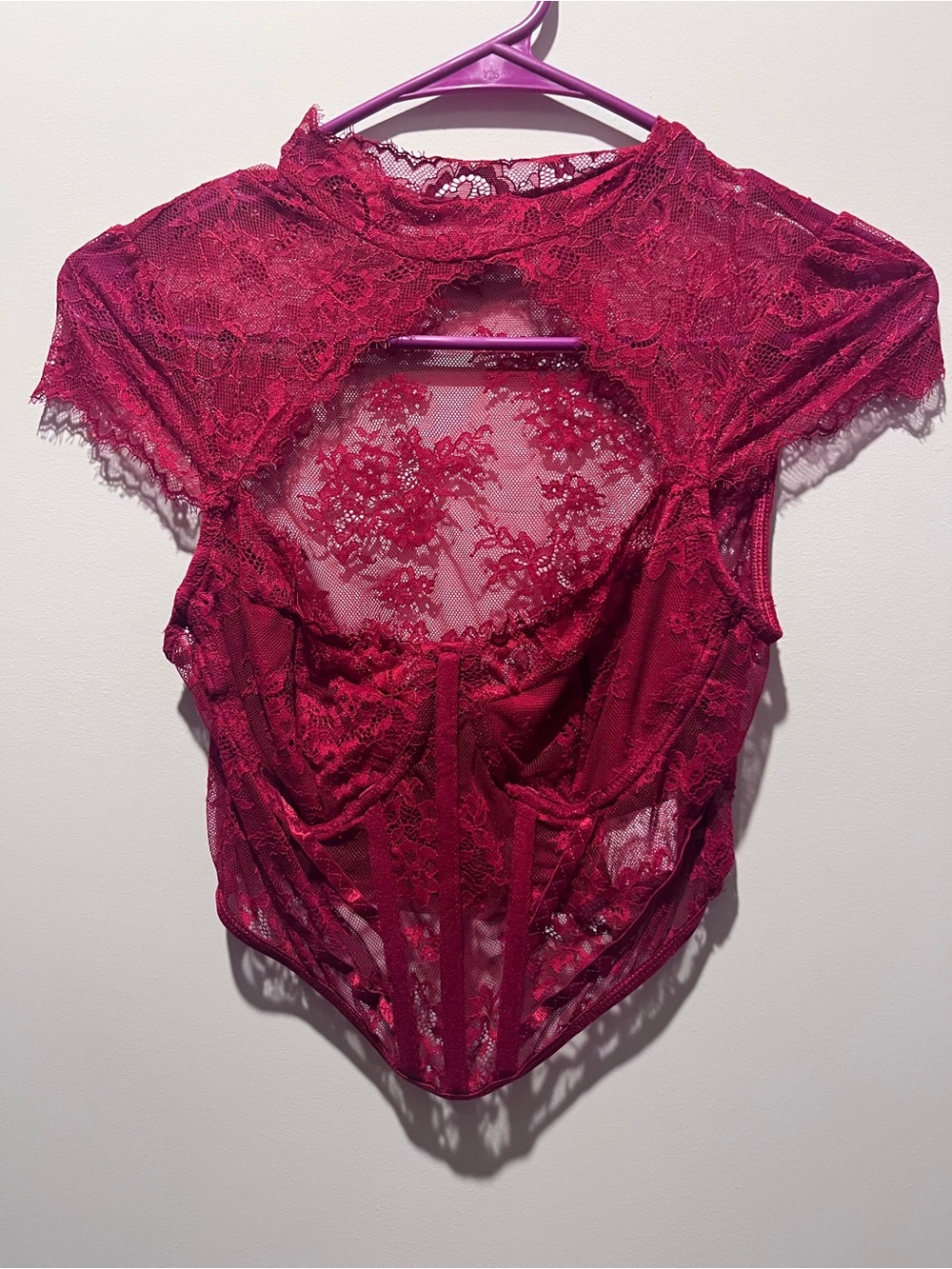 SHEIN Red Floral Lace Cutout Corset Bodysuit